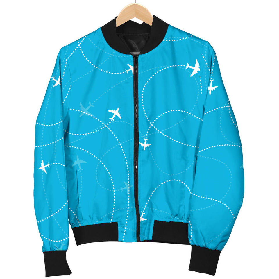 Airplane Destinations Blue Background Women'S Bomber Jacket
