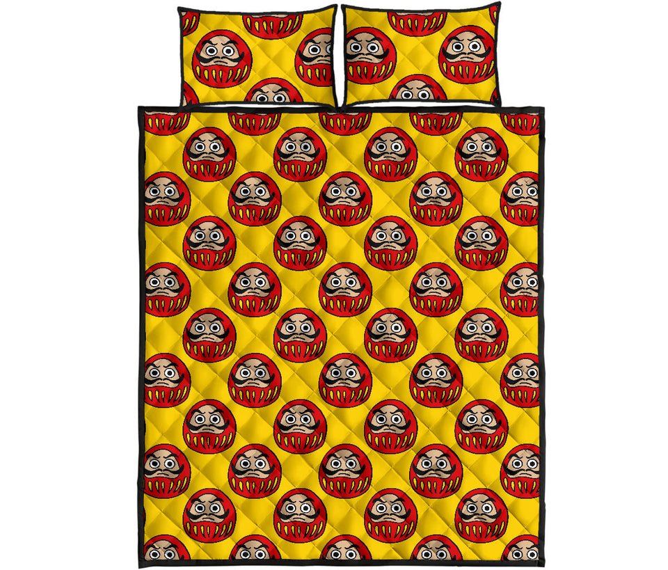 Daruma japanese wooden doll yellow background Quilt Bed Set