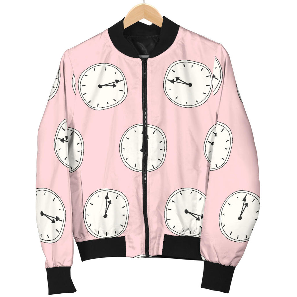 Clock Pattern Pink Blackground Women'S Bomber Jacket