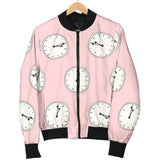 Clock Pattern Pink Blackground Women'S Bomber Jacket