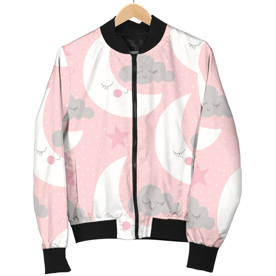 Cute Moon Cloud Star Pattern Pink Dot Background Women'S Bomber Jacket