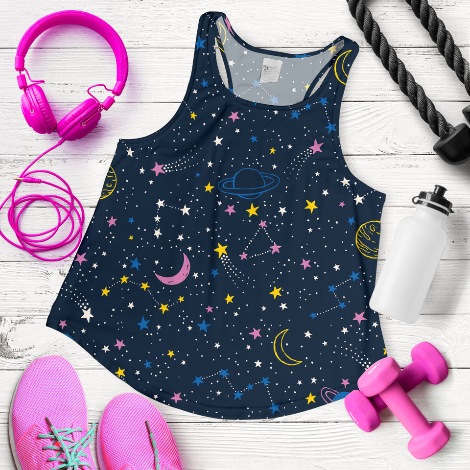 space pattern with planets, comets, constellations and stars Women Racerback Tank Top