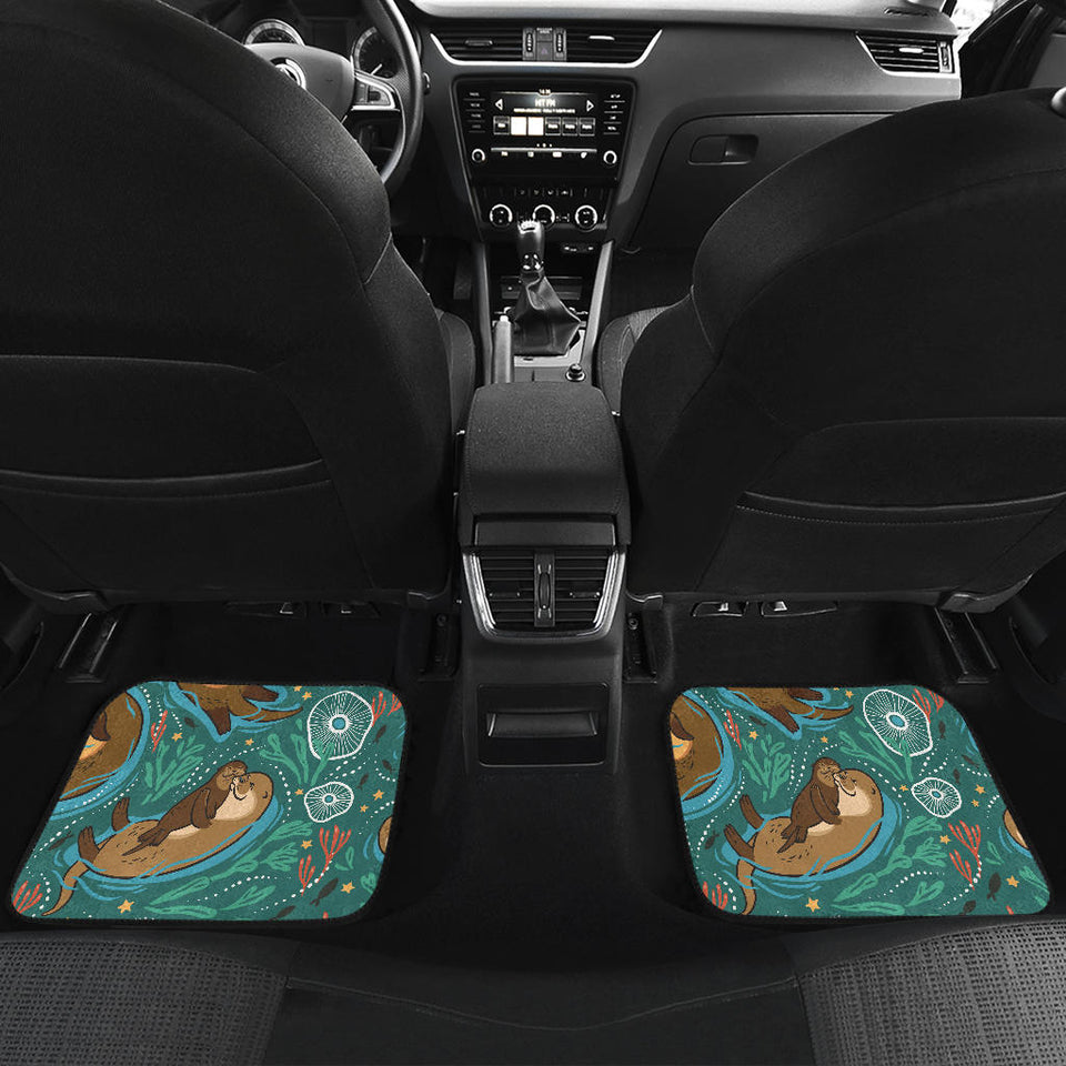 Cute Brown Sea Otters Ornamental Seaweed Corals Green Water Front And Back Car Mats