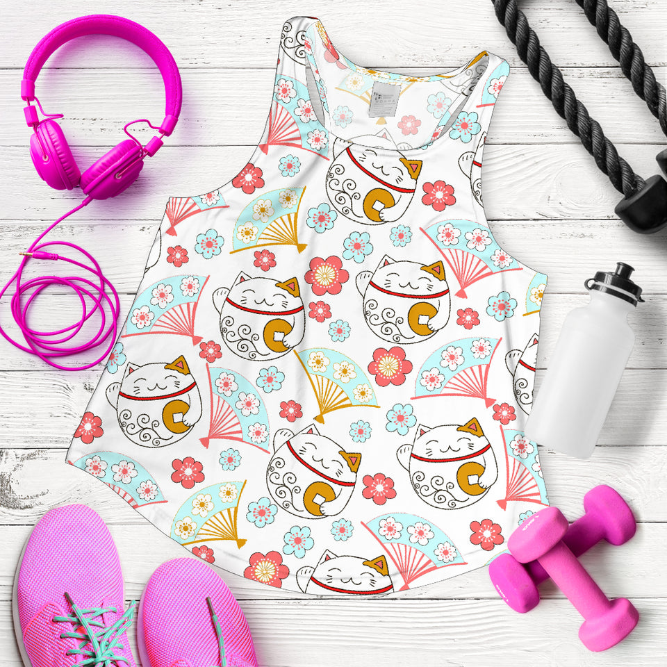Maneki Neko Lucky Cat fan sakura Women Racerback Tank Top