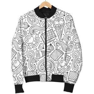 Cartoon Hand Drawn Ice Cream Black White Women'S Bomber Jacket