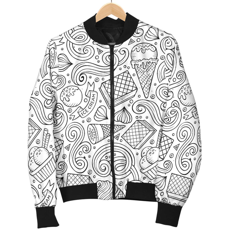 Cartoon Hand Drawn Ice Cream Black White Women'S Bomber Jacket