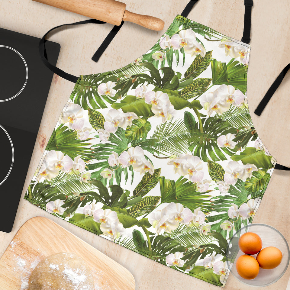 White Orchid Flower Tropical Leaves Pattern Adjustable Apron