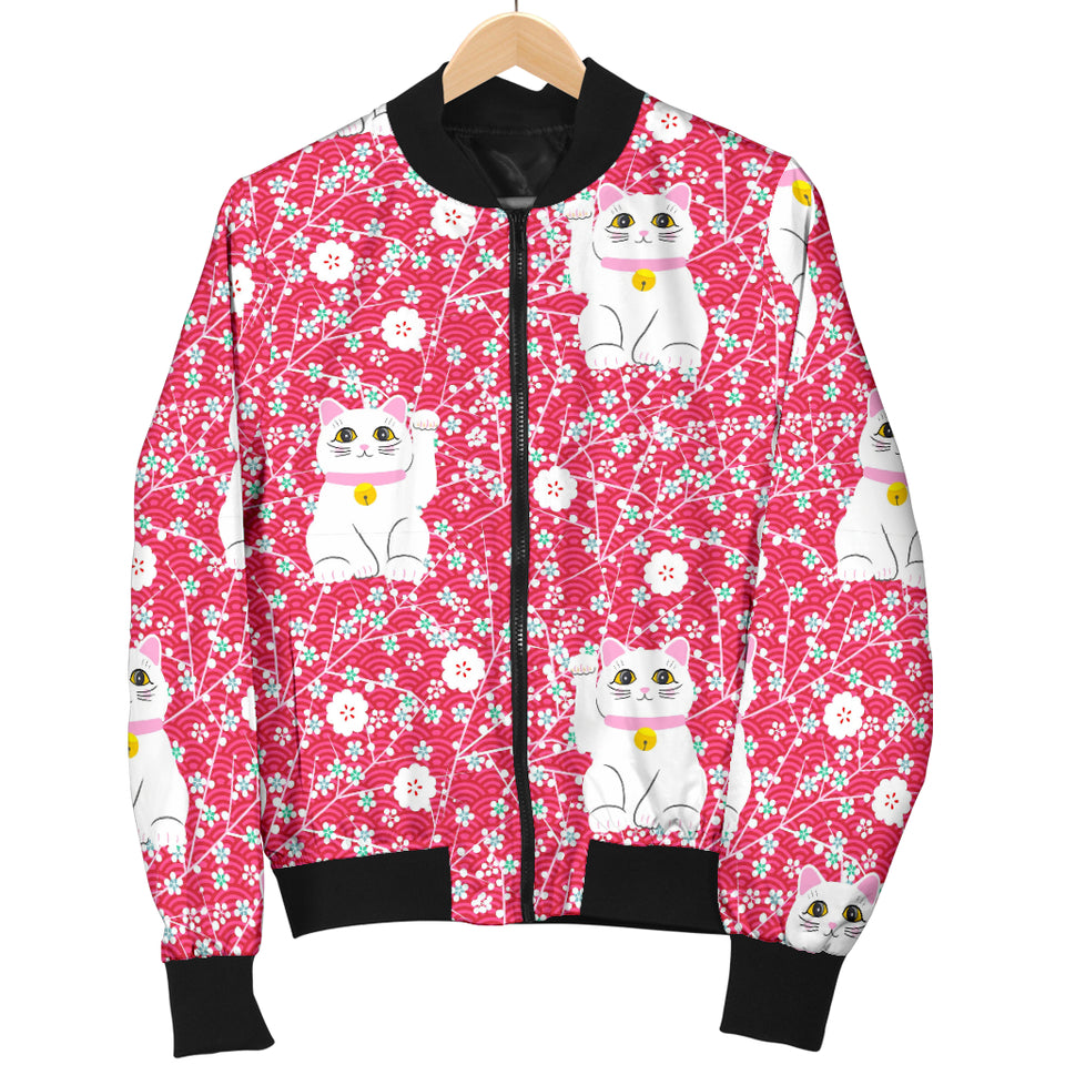 Maneki Neko Lucky Cat Sakura Pink Background Women'S Bomber Jacket