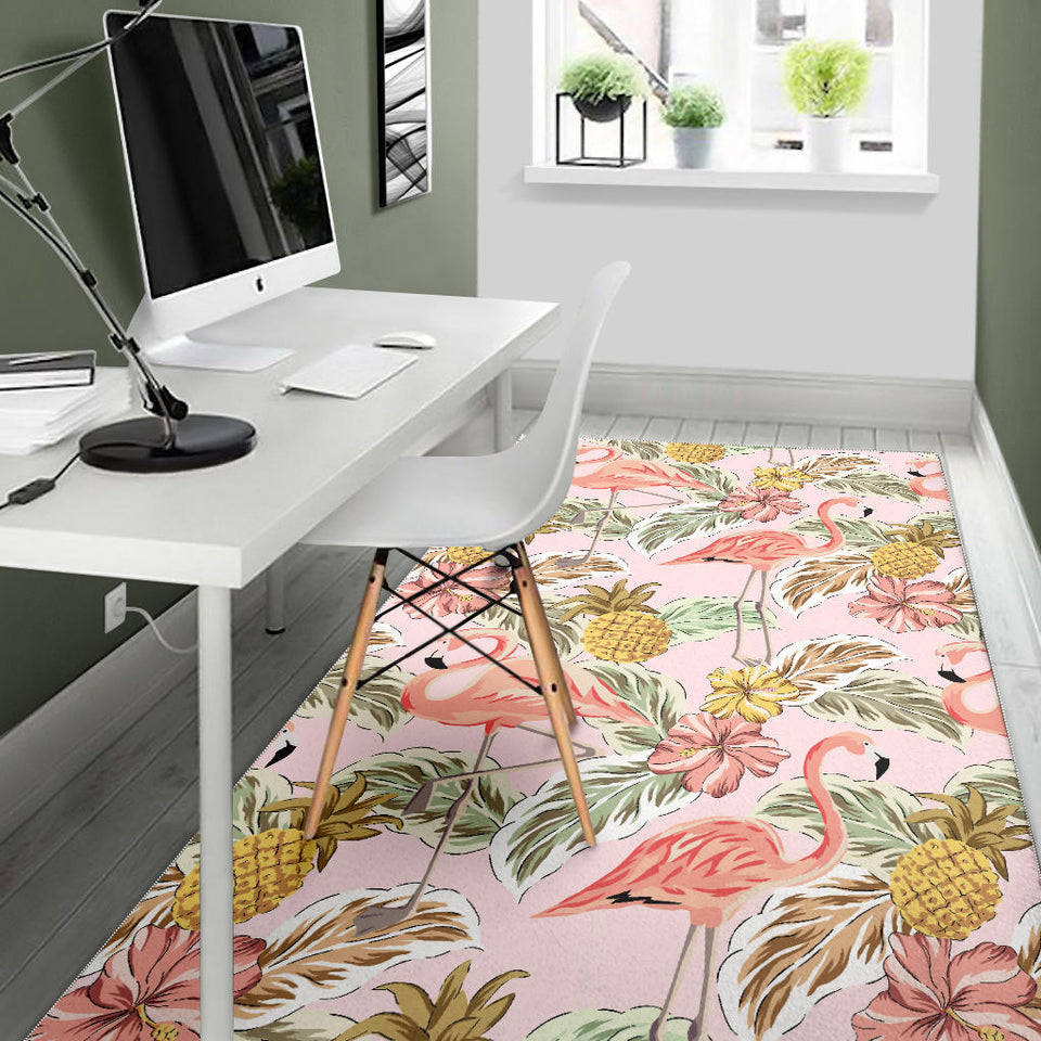 Pink Flamingo Birds Pineapples Hibiscus Flower Pattern Area Rug