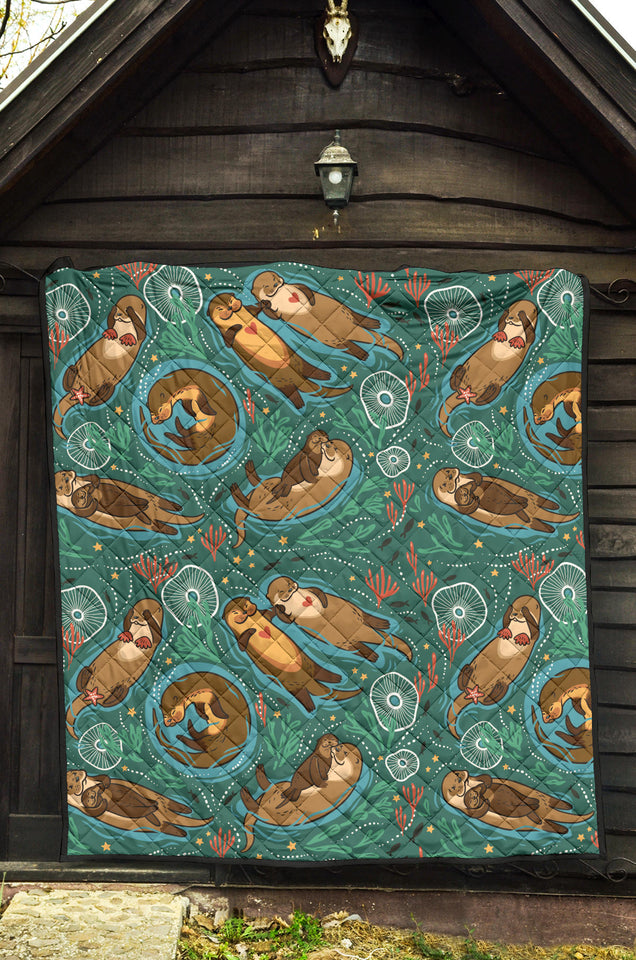 Cute Brown Sea Otters Ornamental Seaweed Corals Green Water Premium Quilt