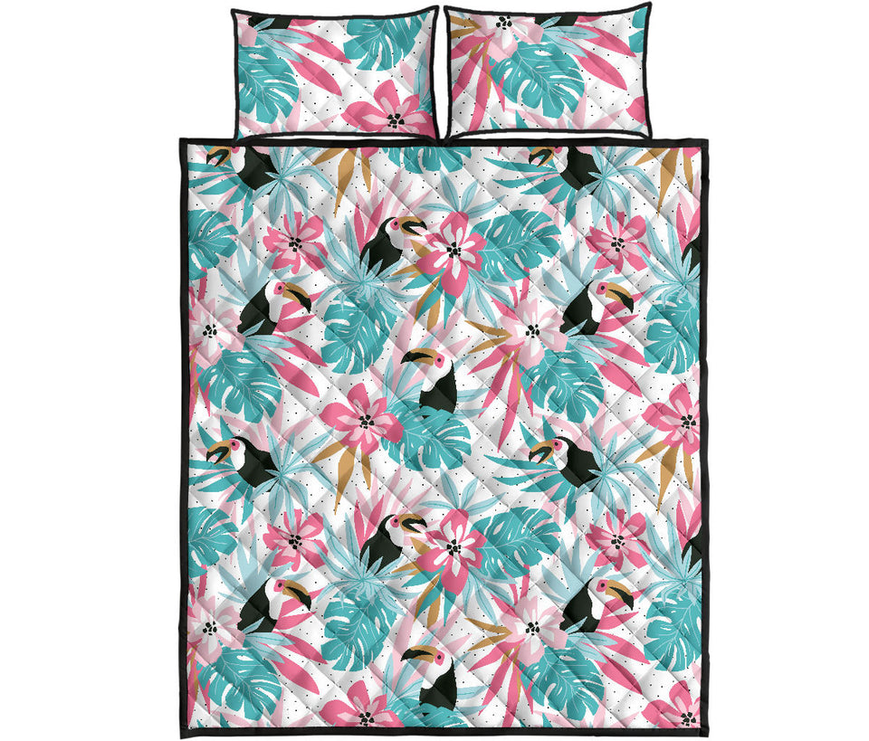 Toucan tropical flower leave pattern Quilt Bed Set