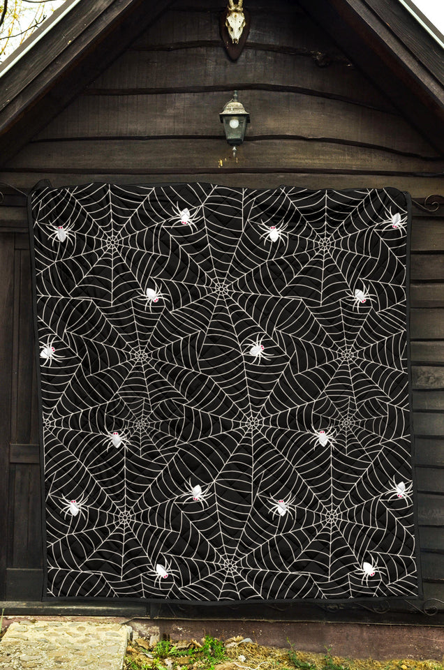 Spider Web Design Pattern Black Background White Cobweb Premium Quilt