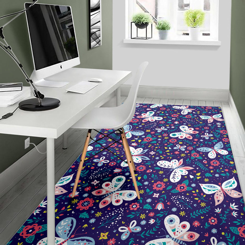 Colorful Butterfly Flower Pattern Area Rug