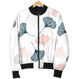 Black Gray Cream Coral Ginkgo Leaves Pattern Women'S Bomber Jacket