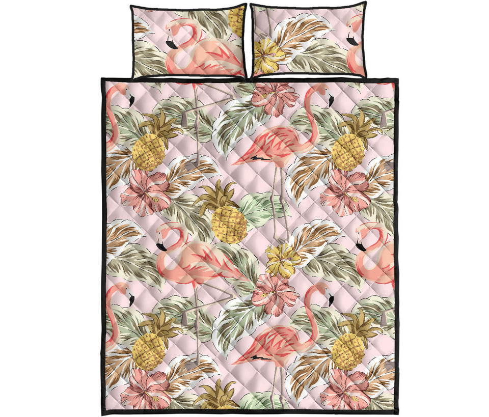 Pink flamingo birds pineapples hibiscus flower pattern Quilt Bed Set