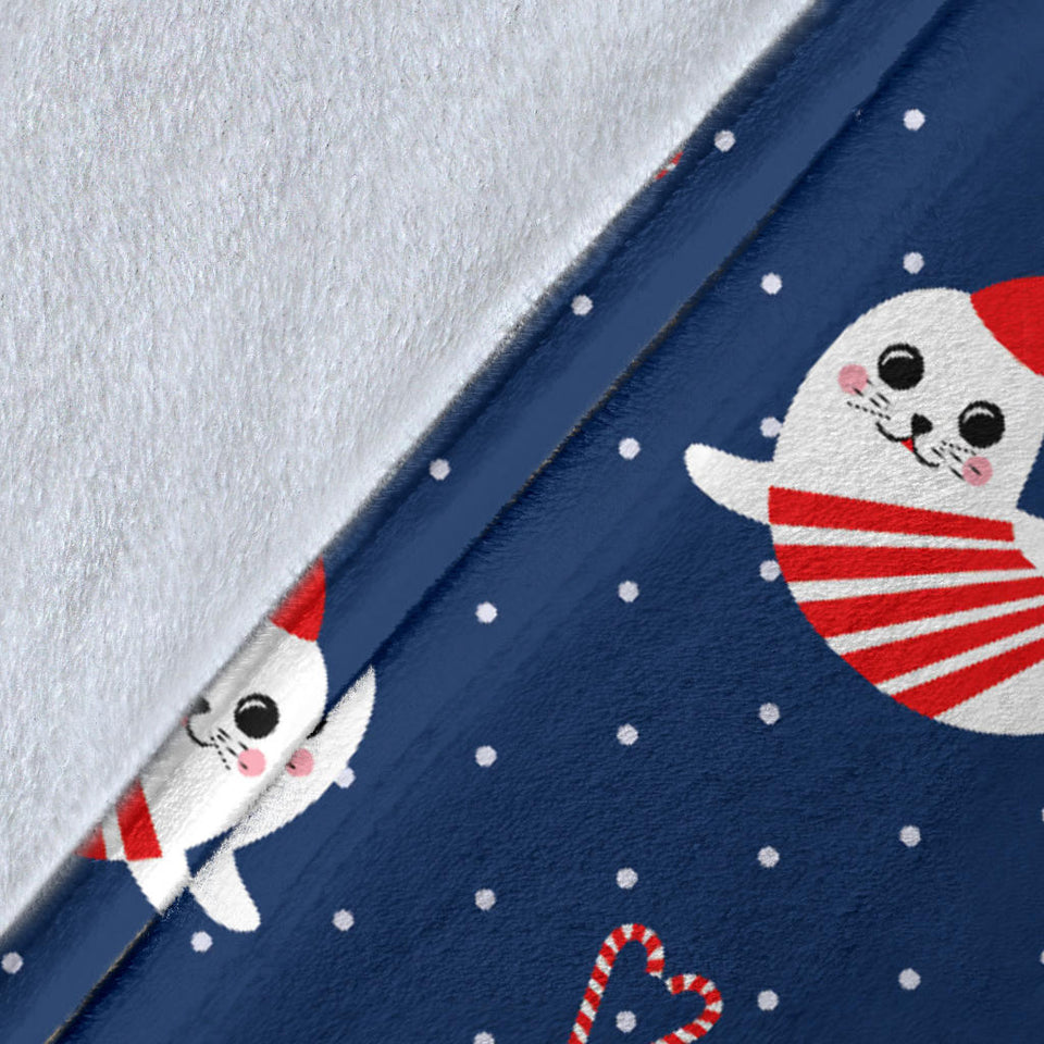 Cute Sea Lion Seal Christmas Hat Candy Cane Heart Pattern Premium Blanket