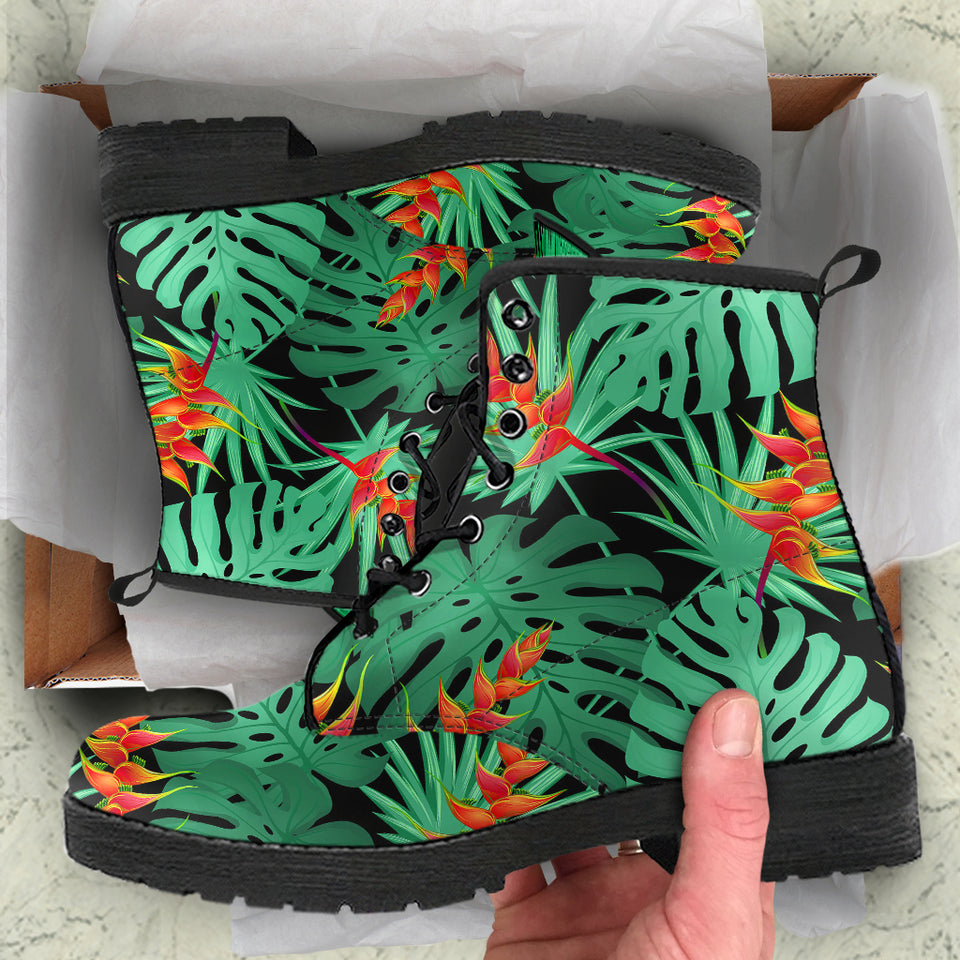 Heliconia Flower Palm Monstera Leaves Black Background Leather Boots