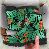 Heliconia Flower Palm Monstera Leaves Black Background Leather Boots