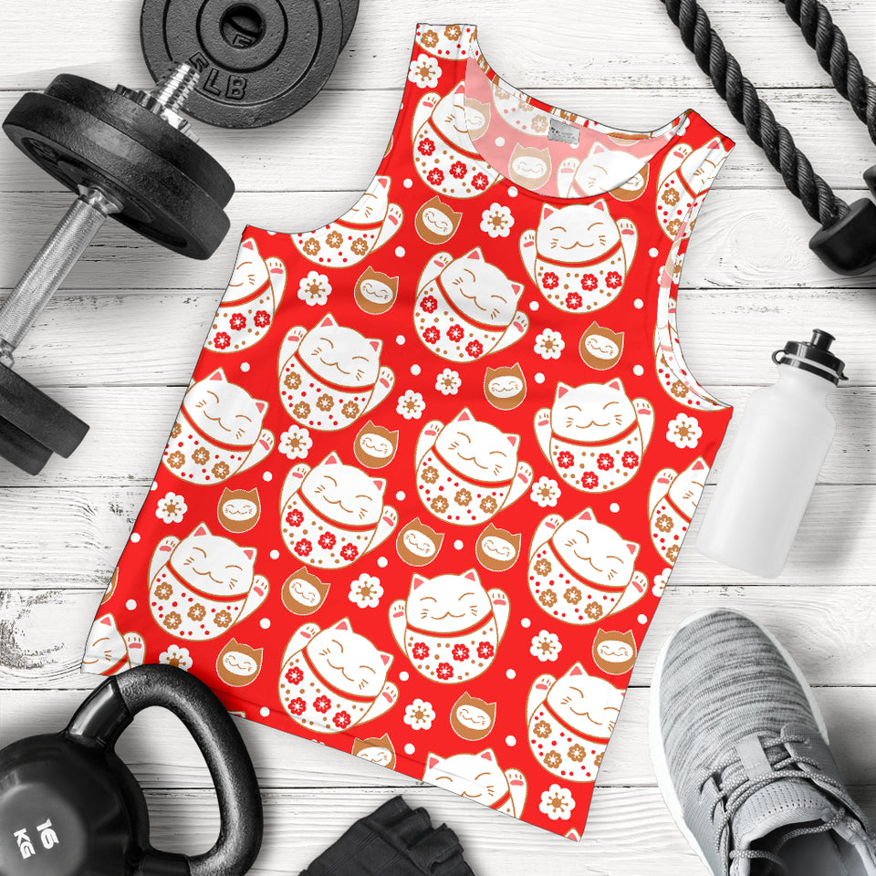 Cute Maneki Neko Lucky Cat red background Men Tank Top