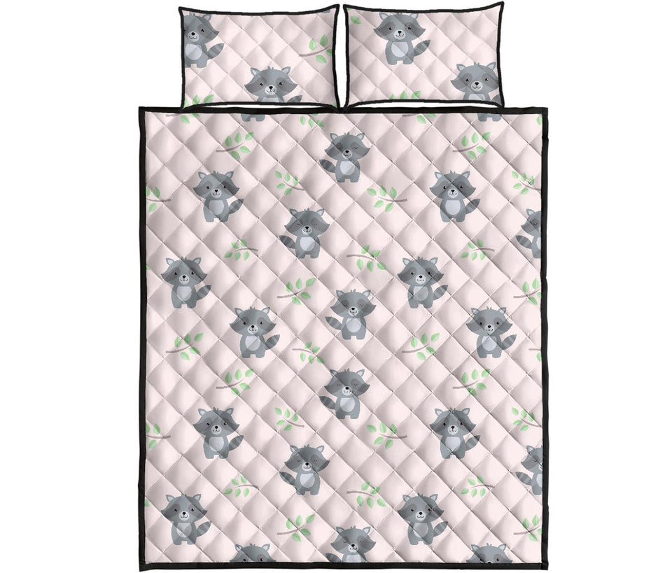 cute raccoons leaves pattern Quilt Bed Set