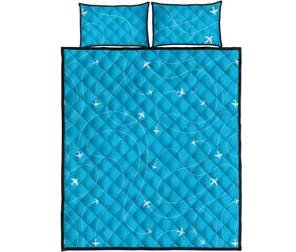 Airplane destinations blue background Quilt Bed Set