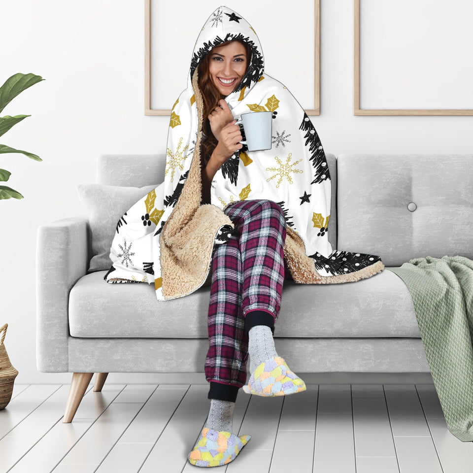 Christmas Tree Holly Snow Star Pattern Hooded Blanket