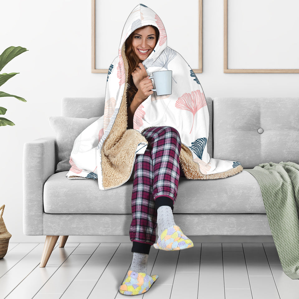 Black Gray Cream Coral Ginkgo Leaves Pattern Hooded Blanket