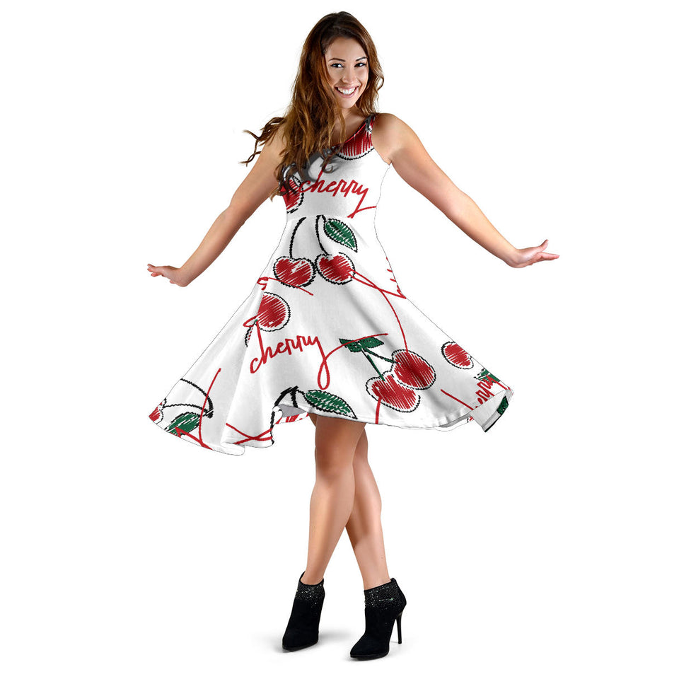 Hand Drawn Cherry Pattern Sleeveless Midi Dress