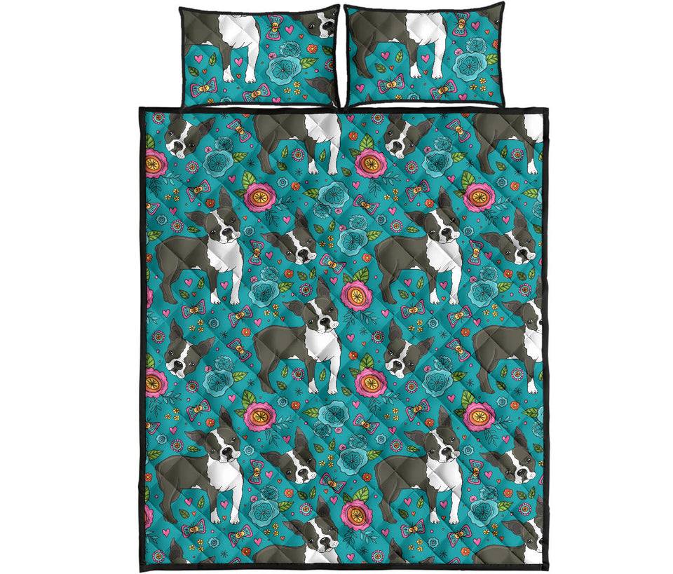 Boston terrier beautiful flower pattern Quilt Bed Set