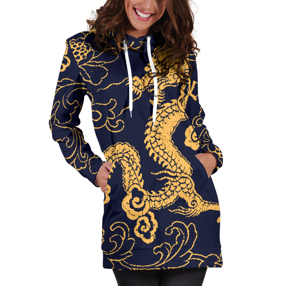 Gold Dragon Pattern Women'S Hoodie Dress