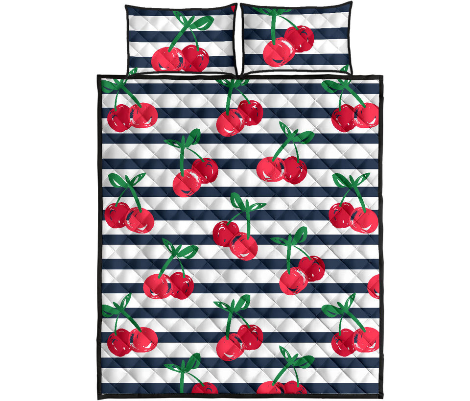 Hand drawn cherry pattern striped background Quilt Bed Set