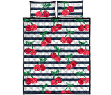 Hand drawn cherry pattern striped background Quilt Bed Set