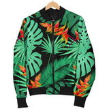 Heliconia Flower Palm Monstera Leaves Black Background Women'S Bomber Jacket