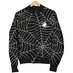 Spider Web Design Pattern Black Background White Cobweb Women'S Bomber Jacket