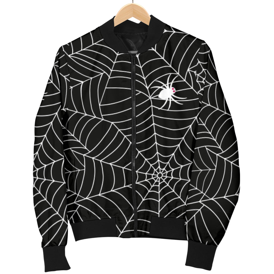 Spider Web Design Pattern Black Background White Cobweb Women'S Bomber Jacket