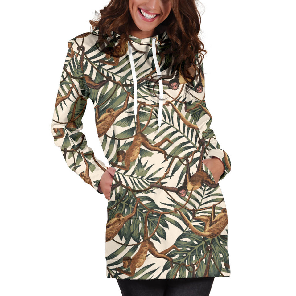 Monkey Tropical Leaves Background Women'S Hoodie Dress