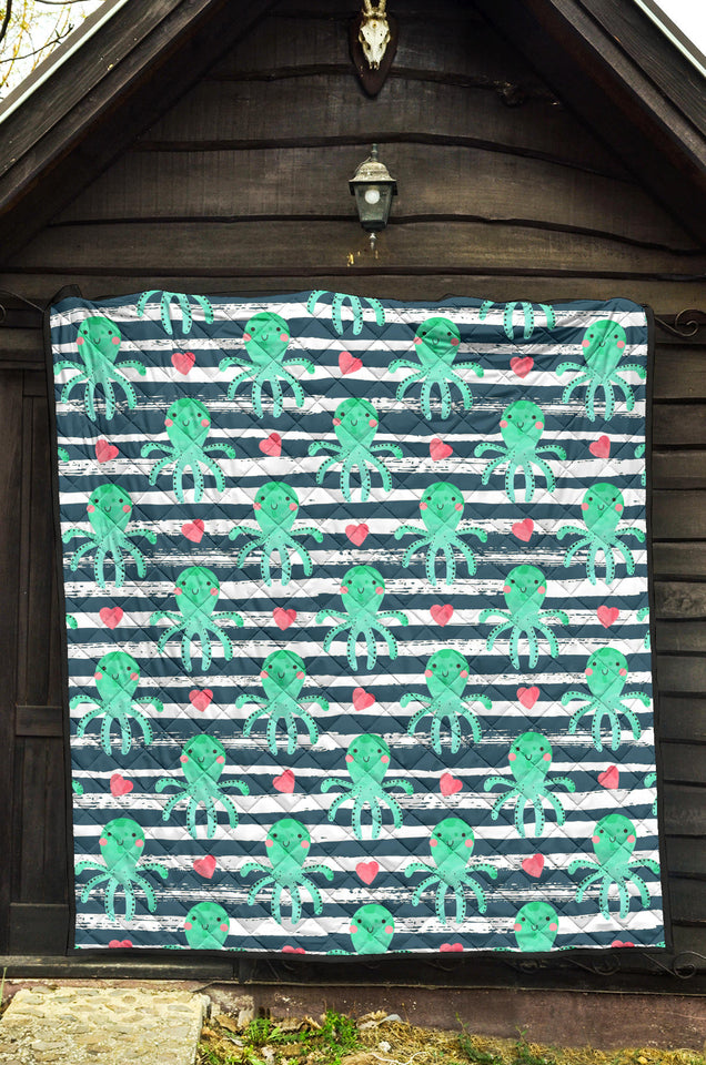 Cute Octopuses Heart Striped Background Premium Quilt