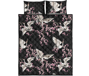 Japanese crane pink sakura pattern Quilt Bed Set