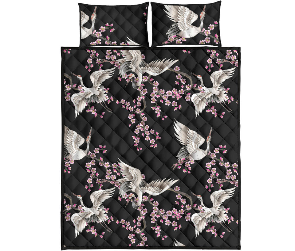 Japanese crane pink sakura pattern Quilt Bed Set