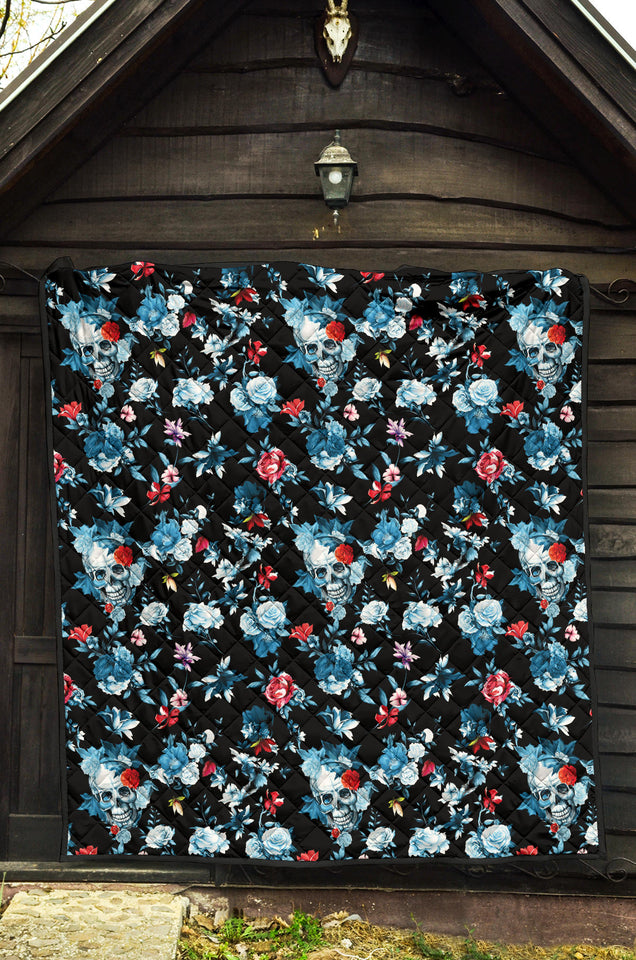 Skull Flower Roses Leave Pattern Premium Quilt