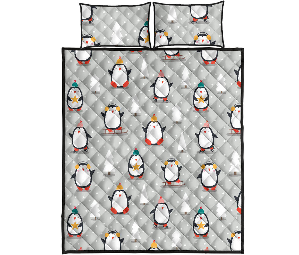 Cute Penguin christmas pattern Quilt Bed Set