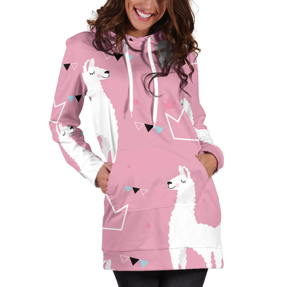 Llama Alpaca Pink Background Women'S Hoodie Dress