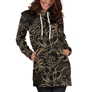 Luxurious Gold Lotus Waterlily Black Background Women'S Hoodie Dress