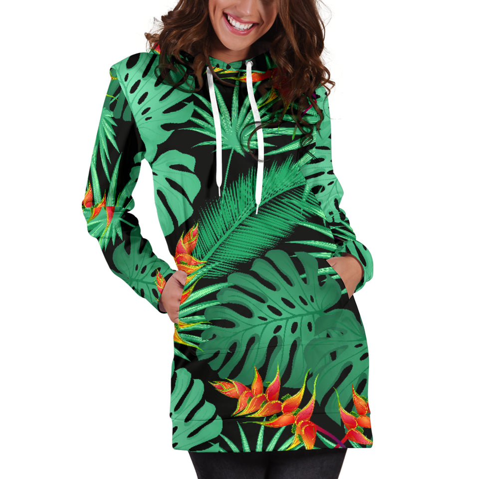Heliconia Flower Palm Monstera Leaves Black Background Women'S Hoodie Dress