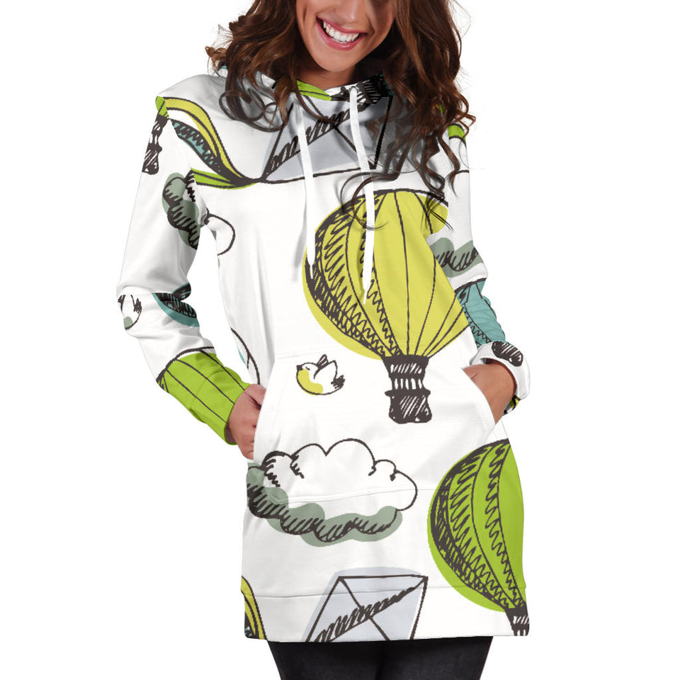 Hot Air Balloon Bird Cloud Pattern Women'S Hoodie Dress