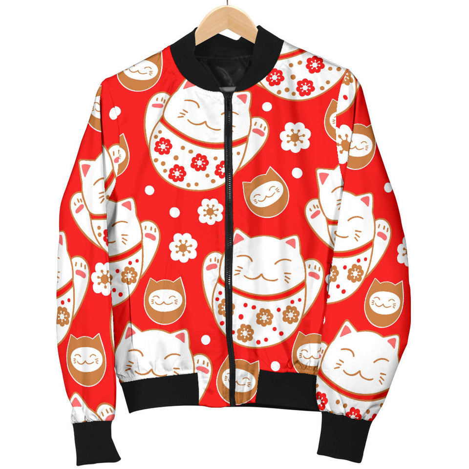 Cute Maneki Neko Lucky Cat Red Background Women'S Bomber Jacket