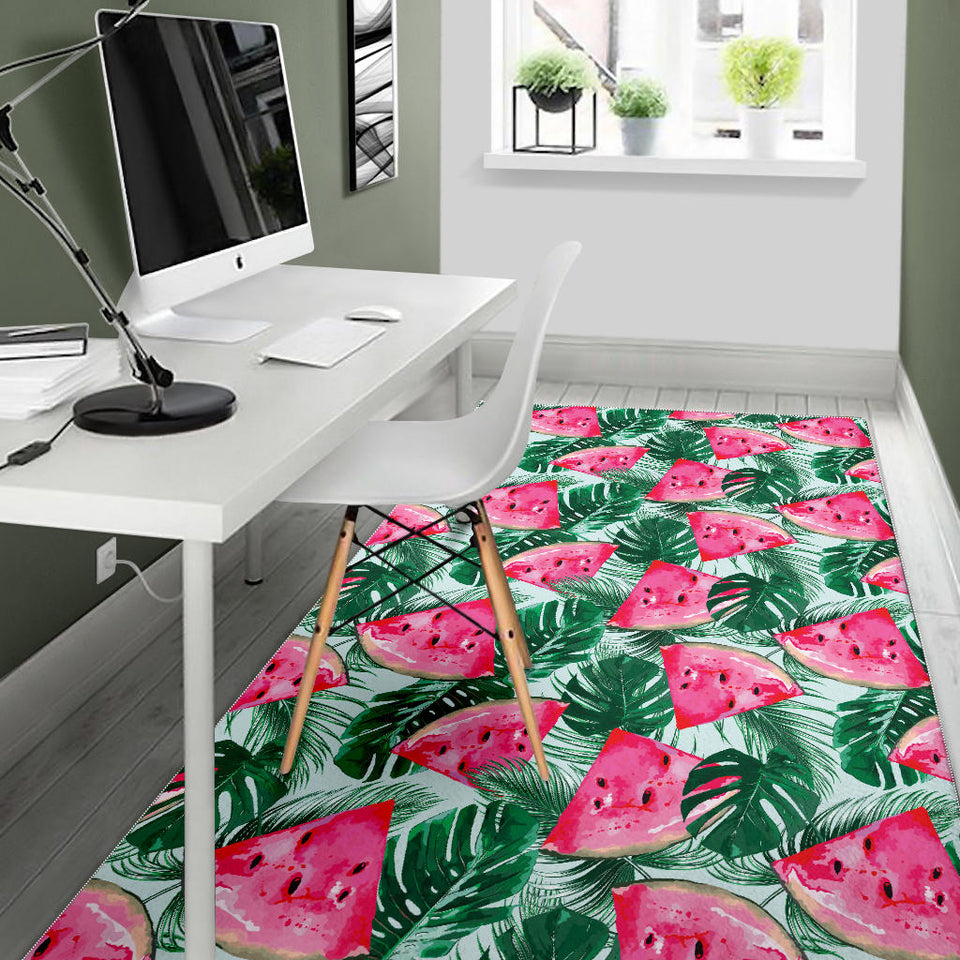 Watermelons Tropical Palm Leaves Pattern Area Rug