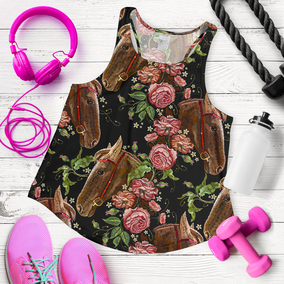 Horse head wild roses pattern Women Racerback Tank Top