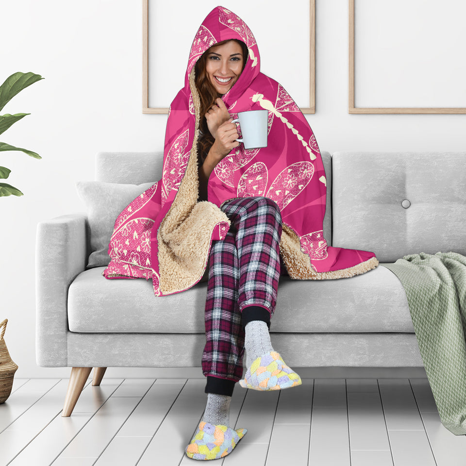 Beautiful Dragonfly Pink Background Hooded Blanket