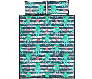 Cute octopuses heart striped background Quilt Bed Set